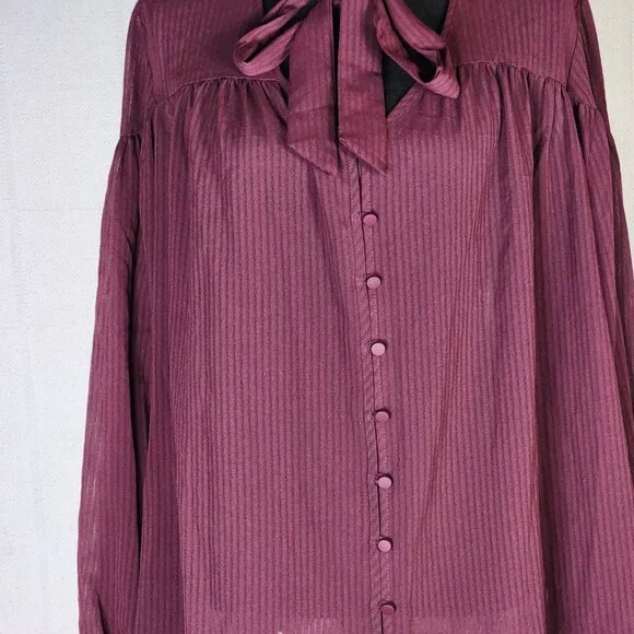 Time & Tru Metropolis Burgundy LS Tie Neck Poly Relaxed Fit Button Up Top Sz XXL - Picture 5 of 16